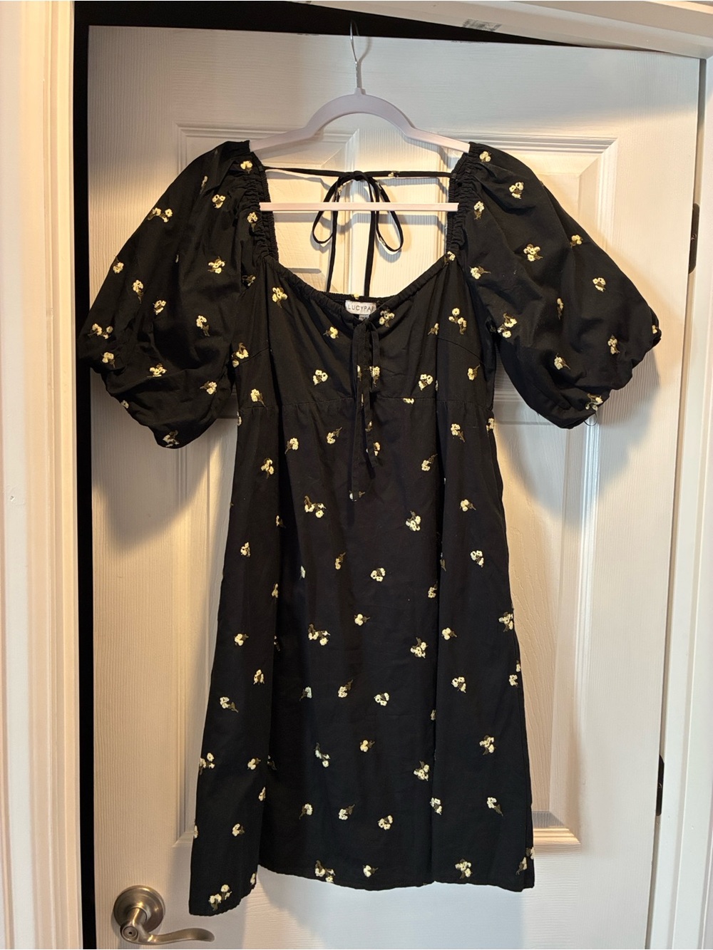 100% cotton Black Puff-Sleeve Dress with Yellow Floral Print